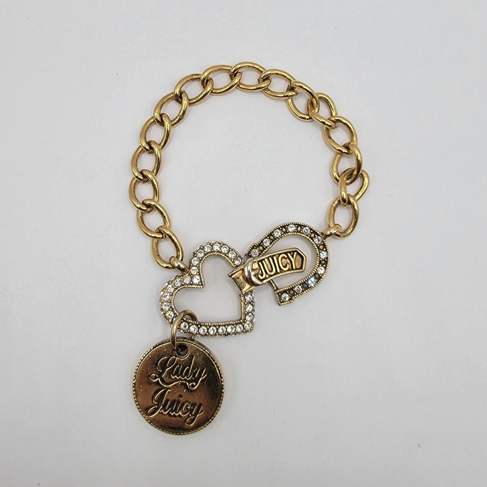 Juicy Couture Gold Tone Heart Horseshoe Rhinestone Lady Juicy Charm Bracelet 7in
